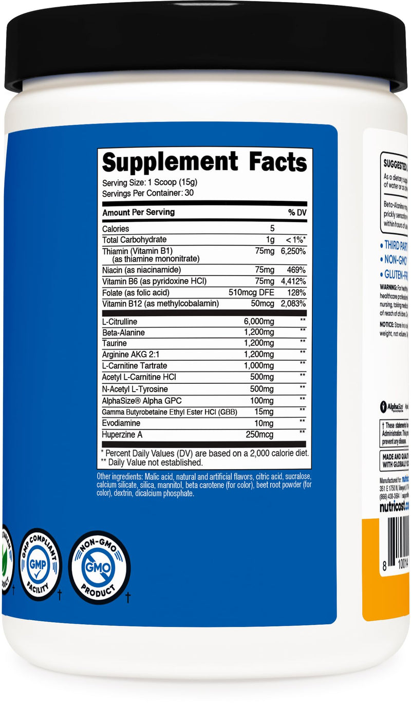 Nutricost Stim-Free Pre-Workout (Peach Mango) 30 Servings, Caffeine Free | Stimulant Free, Gluten-Free, GMO-Free Peach Mango 15.6 Ounce (Pack of 1)