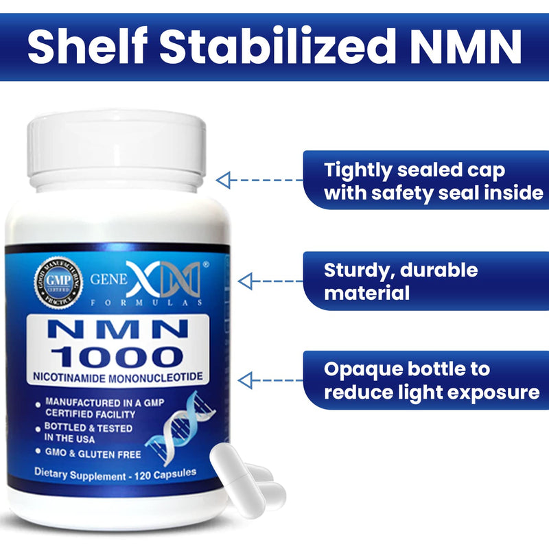 Genex Formulas NMN 1000mg Dose Stabilized Form 99% Pure Supplement 120 Caps | NMN Supplement for Cellular Energy, Increased NAD Levels, DNA Repair, and Healthy Aging, GMP Certified, 30 Day Supply 120 Count (Pack of 1)