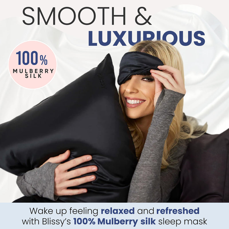 Blissy Silk Sleep Mask - Silk Eye Sleeping Mask for Women & Men for Total Blackout - Silk Eye Mask - 100% Pure Mulberry Silk, 22 Momme 6a Fibers - Blindfold Silk Sleep Mask Side Sleeper Eye Cover Black - BeesActive Australia