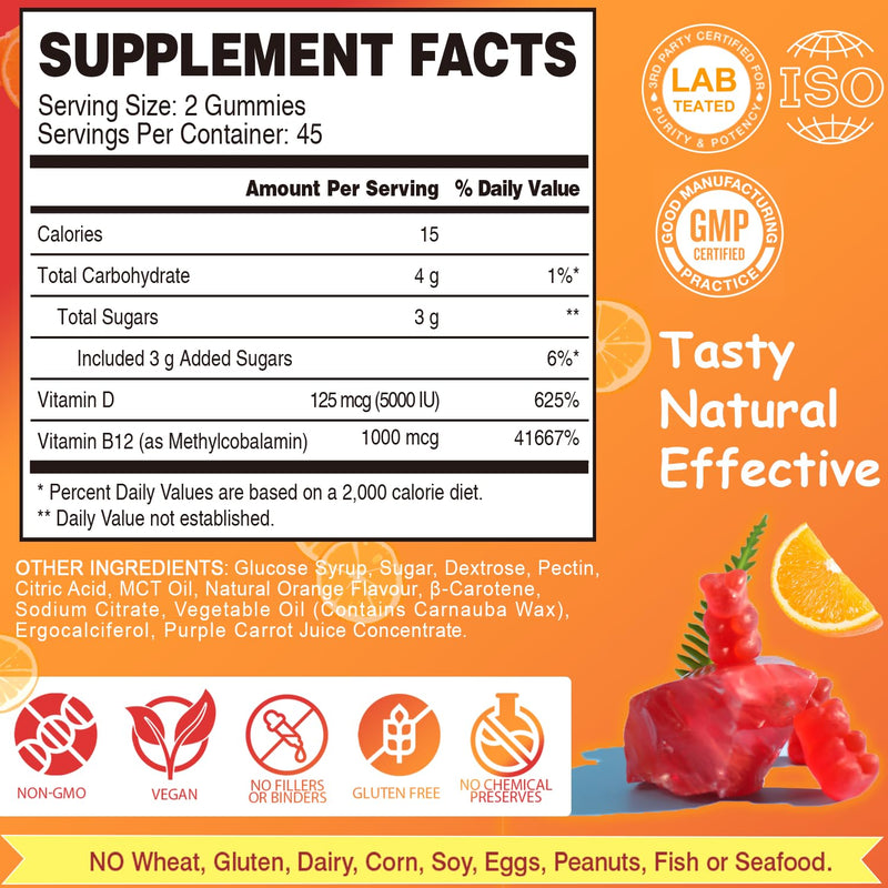 Vegan Vitamin D3 & B12 Gummies, Methyl B12 Supplement for Adults & Kids | Enhanced with Vitamin D for Natural Energy, Immune, Metabolism & Focus, Orange, 90 Gummies 90 Count (Pack of 1)