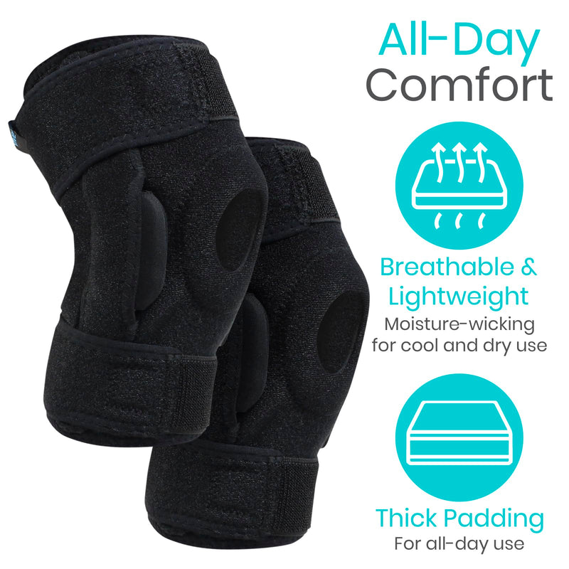 Vive Hinged Knee Brace (2 Pack) - Relieves ACL, MCL, Meniscus Tear - Lightweight, Comfortable, Breathable Open Patella Wrap with Side Stabilizers - for Women & Men - Adjustable Strap for Tendonitis (Black) Black