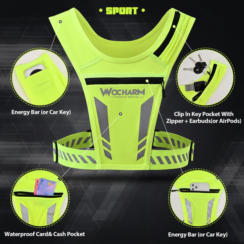 Reflective Vest Chest Phone Holder, Adjustable Hydration Training Workout Gear for Nighttime Running Biking Fluorescent green