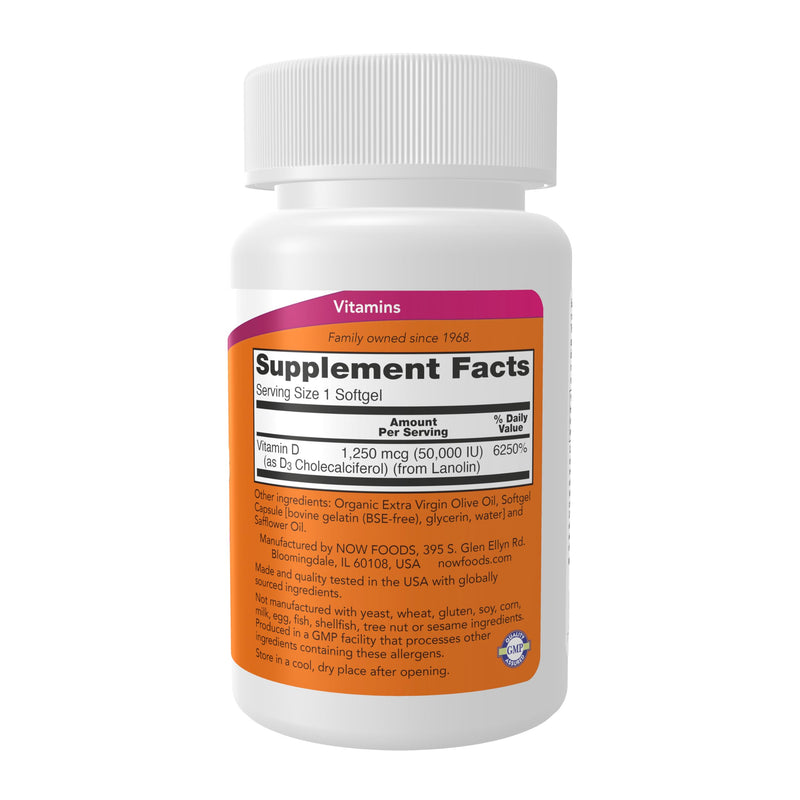 NOW Foods Supplements, Vitamin D-3 50,000 IU Softgels, 50 softgels 50 Count (Pack of 1)