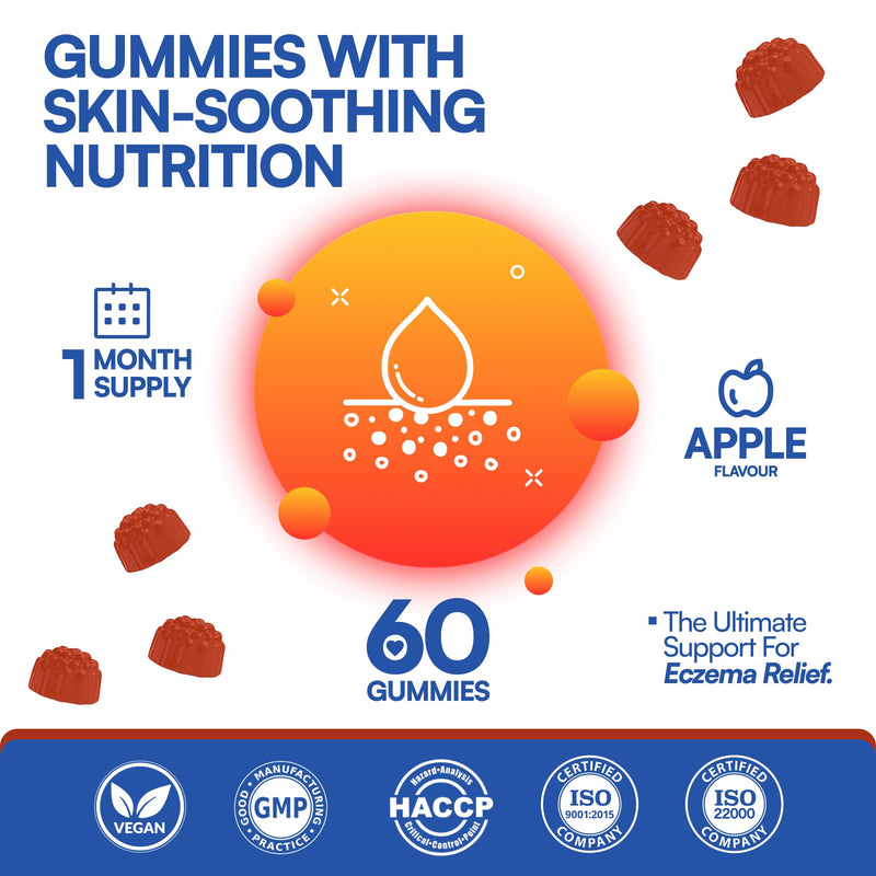 Sugar Free Eczema Treatment Gummies - USA Made - 50+ Vitamins & Probiotics for Clear, Hydrated Skin - Soothes Itching, Calms Redness & Boosts Skin Health (60 Gummies)