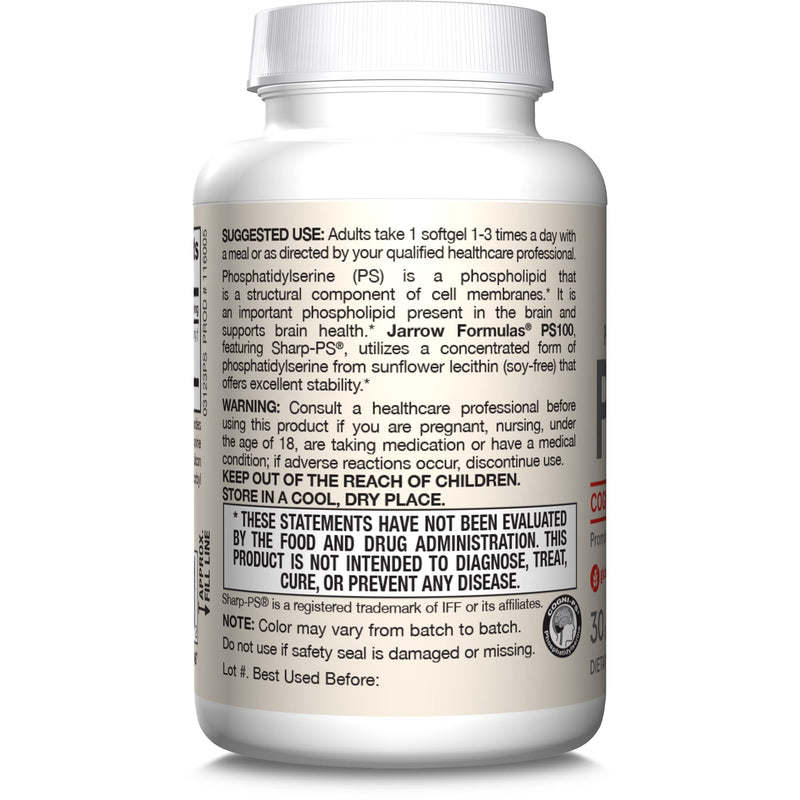 Jarrow Formulas PS100 Phosphatidylserine 100 mg, Dietary Supplement for Brain Health and Cognition Support, 30 Softgels, 10-30 Day Supply 30 Count (Pack of 1)