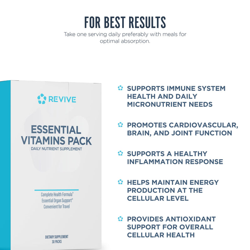Revive MD Essential Vitamin Packs for Men & Women – Daily Multivitamin Packets with Arjuna & Turmeric Extract – Supports Heart, Joint & Organ Health – Travel-Friendly Vitamin Supplement (30 Servings)