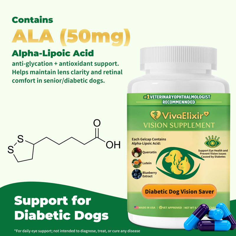 Diabetic Dog Vision Support Supplement– Alpha-Lipoic Acid, Lutein, Taurine & Blueberry Extract | Antioxidants Supports Eye Health & Protects Vision in Diabetic Dogs -90 Capsules