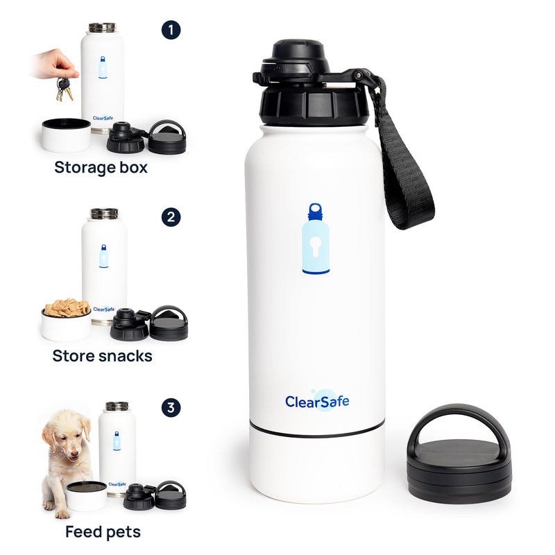 ClearSafe Insulated Stainless Steel Sports/Pet Water Bottle with Storage Compartment, 32 oz, White, 2 Lids, WB32White001 - BeesActive Australia