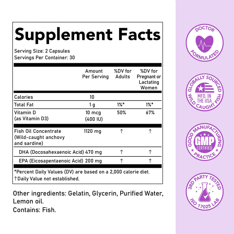 Premom Prenatal DHA Fish Oil: Triglyceride Omega 3 with 470mg DHA, 200mg EPA + 400 IU VIT D3 Supplement - Fertility Support for Women - Globally Sourced from Wild Caught Fish - BeesActive Australia