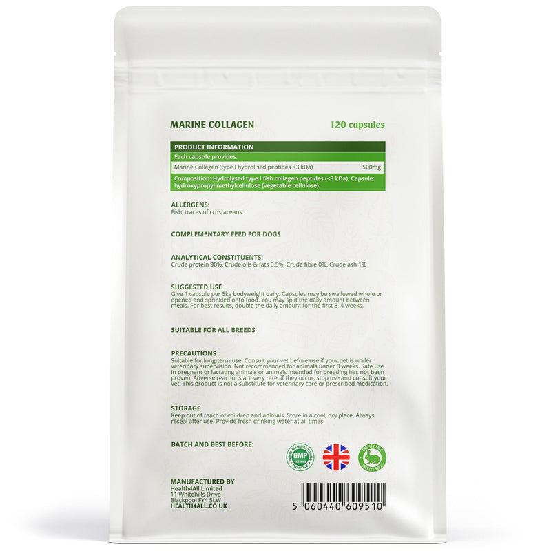 Marine Collagen for Dogs, Supports Dry and Itchy Skin, Shiny Coat & Healthy Gums, Premium Micronised Peptides, Skin Health Dog Supplement, 120 x 500mg Open & Sprinkle Capsules