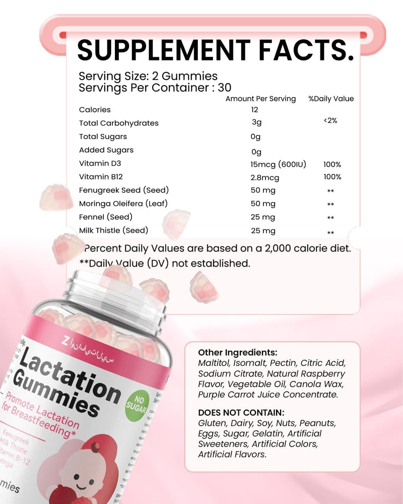 Lactation Support Gummies – Herbal Blend with Fenugreek, Moringa & Fennel – Postnatal Vegan Vitamins B12 & D3 – Natural Breast Milk Booster for Nursing Moms – Raspberry Flavor, 60 Gummies