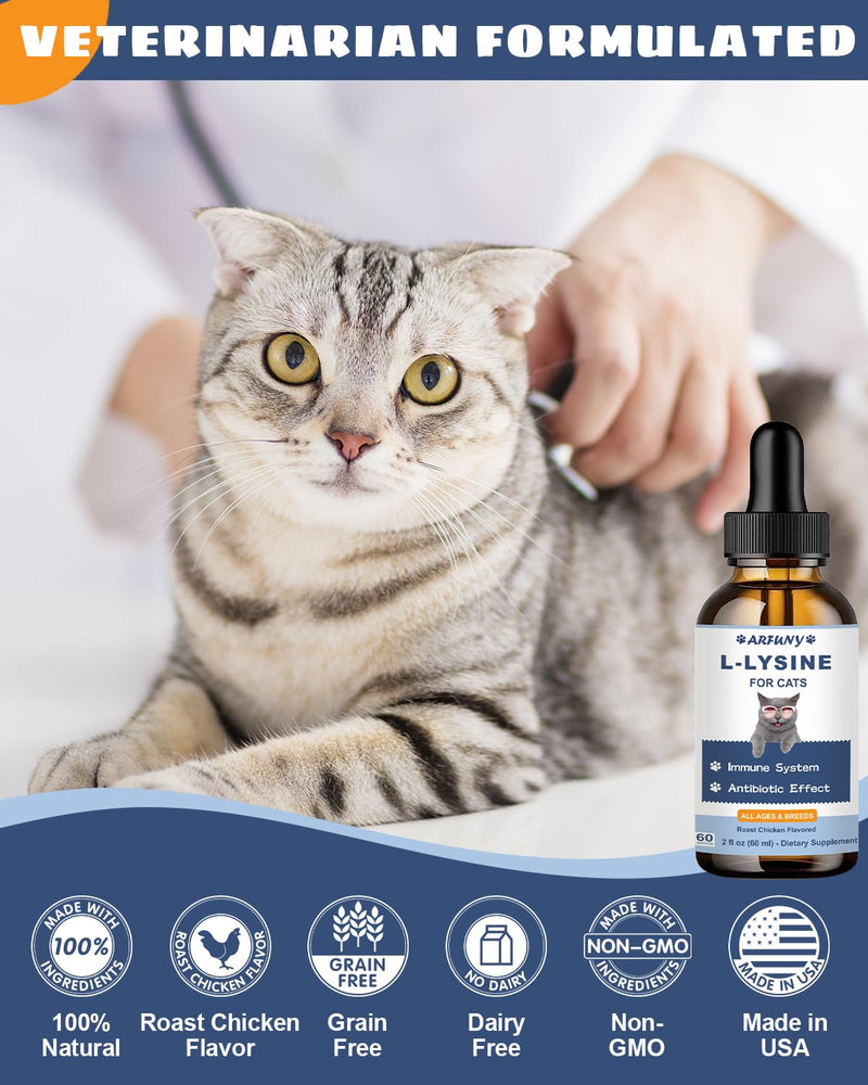 L-ysine Supplement for Cats - Immune Support - 60ML Lysine for Feline Respiratory, Sneezing, Runny Nose, Eye Function - Natural Cat Antibiotic Drops - Roast Chicken Flavor - PawsPlanet Australia