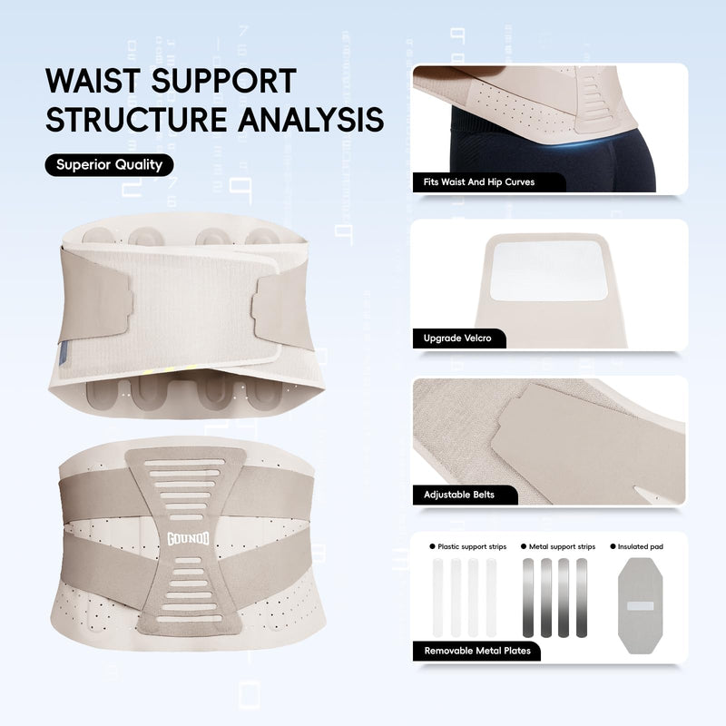 GOUNOD Adjustable Back Brace for Lower Back Pain for Women and Men, Removable Stays Back Support Brace for Herniated Disc, Scoliosis, and Sciatica Pain Relief - Ergonomic Design(Beige/M) Beige Medium