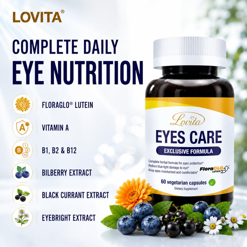 LOVITA Eyes Care, Eye Vitamins with Clinically Proven FloraGLO Lutein, 10000 mg Equivalent Bilberry, Black Currant & Eyebright, Supports Eye Strain, Dry Eye and Vision Health, 60 Vegetarian Capsules | With Vitamins B1, B2 & B12, Black Currant, Bilberry...