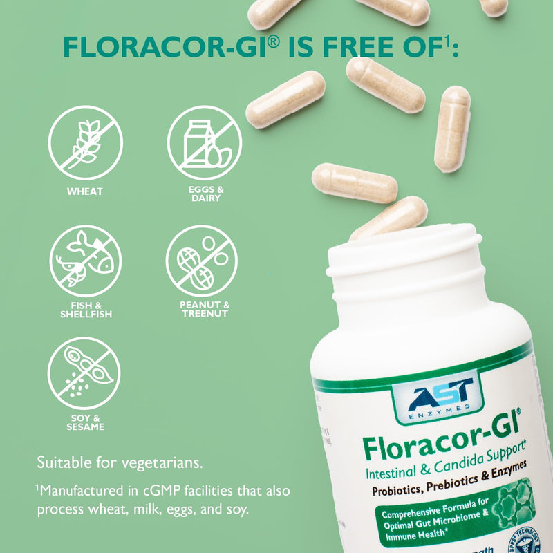 Floracor – Probiotics & Enzymes to Support Intestinal & Gut Heath –180 Vegetarian Capsules
