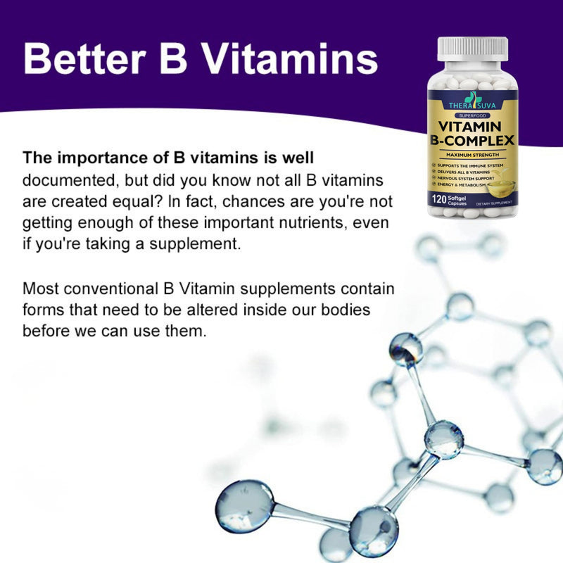 TheraSuva Vitamin B-Complex + CoQ10 + Vitamin C - Max Strength Supplement for Energy, Metabolism Support, 2 Month Supply, 120 Softgels