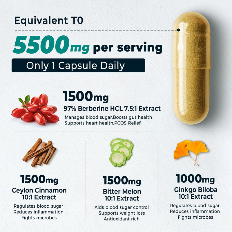 4-in-1 Berberine Supplement 1500mg,Glucose Support,Ceylon Cinnamon Bitter Melon Ginkgo, Boosts Immunity, Gut & Heart Health, 60 Capsules, High Potency 10X Strength for Metabolism Support with 5500mg - BeesActive Australia