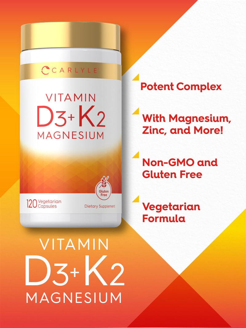 Carlyle Vitamin D3 K2 | 5000 IU D3 & 100 mcg Vitamin K2 (MK7) | 120 Capsules | With Magnesium and Zinc | Vegetarian, Non-GMO, Gluten Free Supplement