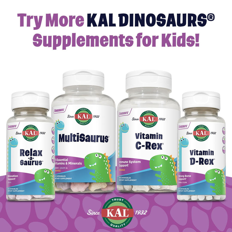 KAL Relax-a-Saurus, Stress Support Supplement for Kids, L-Theanine for Children with Herbal Stress Relief & Relaxation & Blend, Delicious Natural Grape Flavor, 60-Day Guarantee, 30 Chewables | Kids Stress & Calm Support - L-Theanine, Chamomile & Passio...