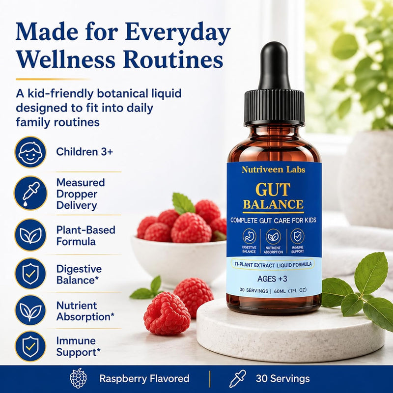 Gut Balance for Kids, 11-Plant Liquid, Raspberry, 60 Servings | Measured dropper, plant-based formula, no pills or capsules, simple daily use