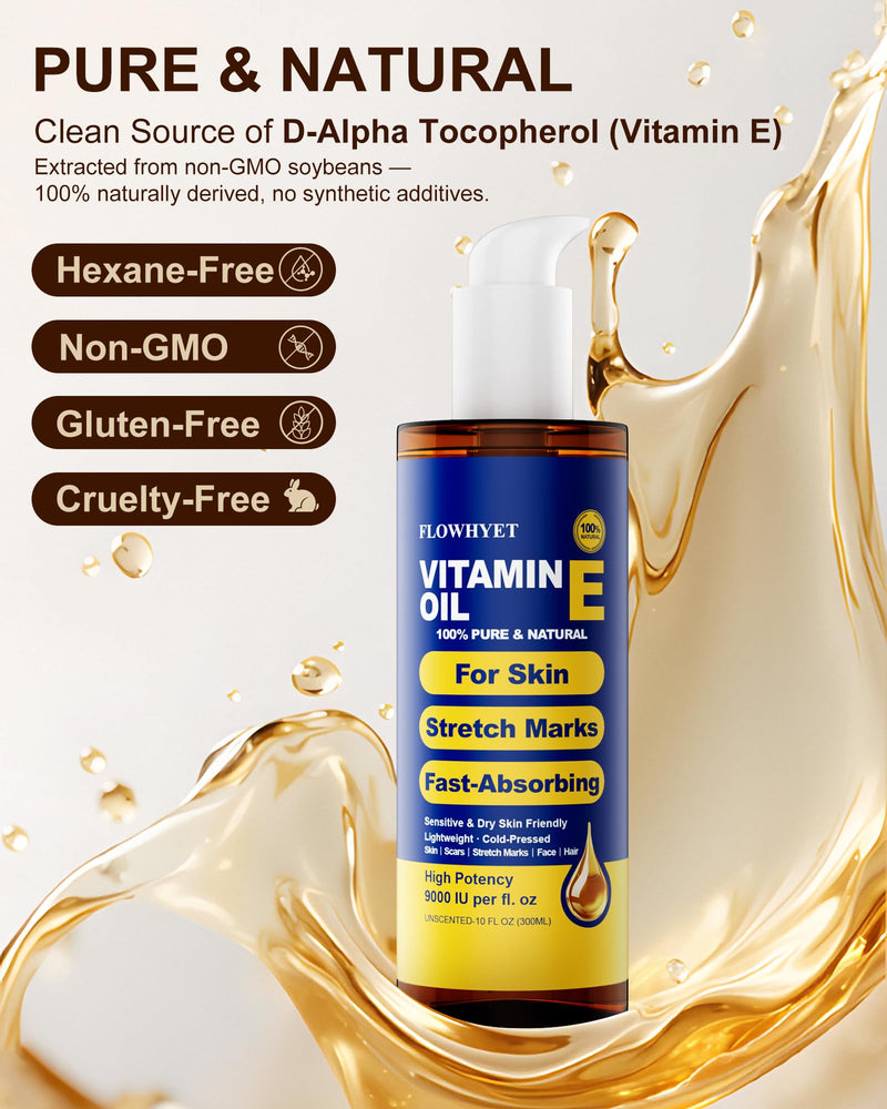 16 fl oz Pure Vitamin E Oil for Skin, Organic Vitamin E Oil for Scar, Stretch Marks, Face and Hair, Lightweight Bath and Body Oil Moisturizing Hexane Free Non-GMO Cold Pressed-500ml 16 Fl Oz (Pack of 1)
