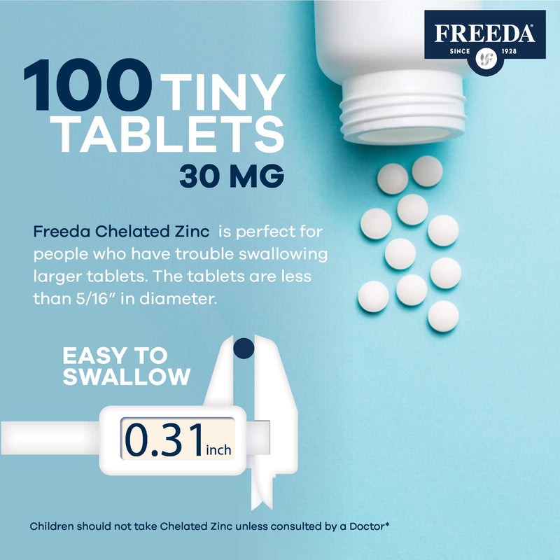 Freeda Chelated Zinc 30mg – TRAACS® Zinc Bisglycinate for High Absorption – Vegan, Kosher, Gentle on Stomach – Immune Support for Adults, Men & Women – 250 Tiny Tablets | For Adult Men & Women – High Absorption Formula – Antioxidant Support, Gentle on ...