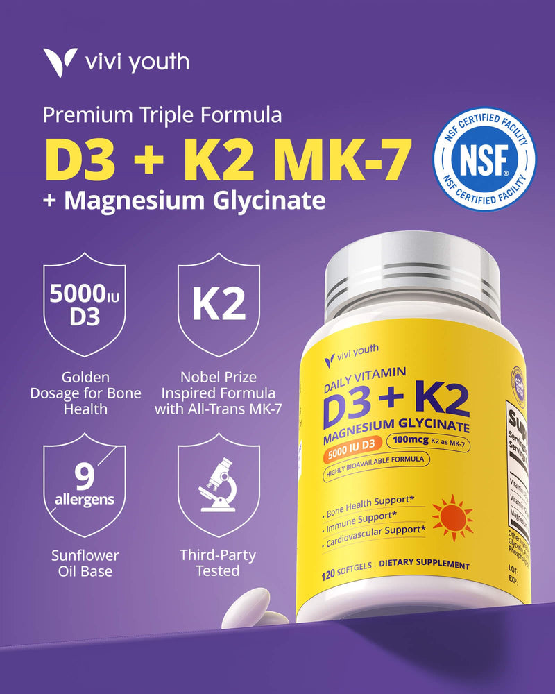 Vitamin D3 K2 5000 IU, Enhanced with Magnesium Glycinate | D3 and K2 Supplements for Bone, Heart & Immune Support - Non-GMO, Gluten Free, Soy Free Softgels, 120 Day Supply