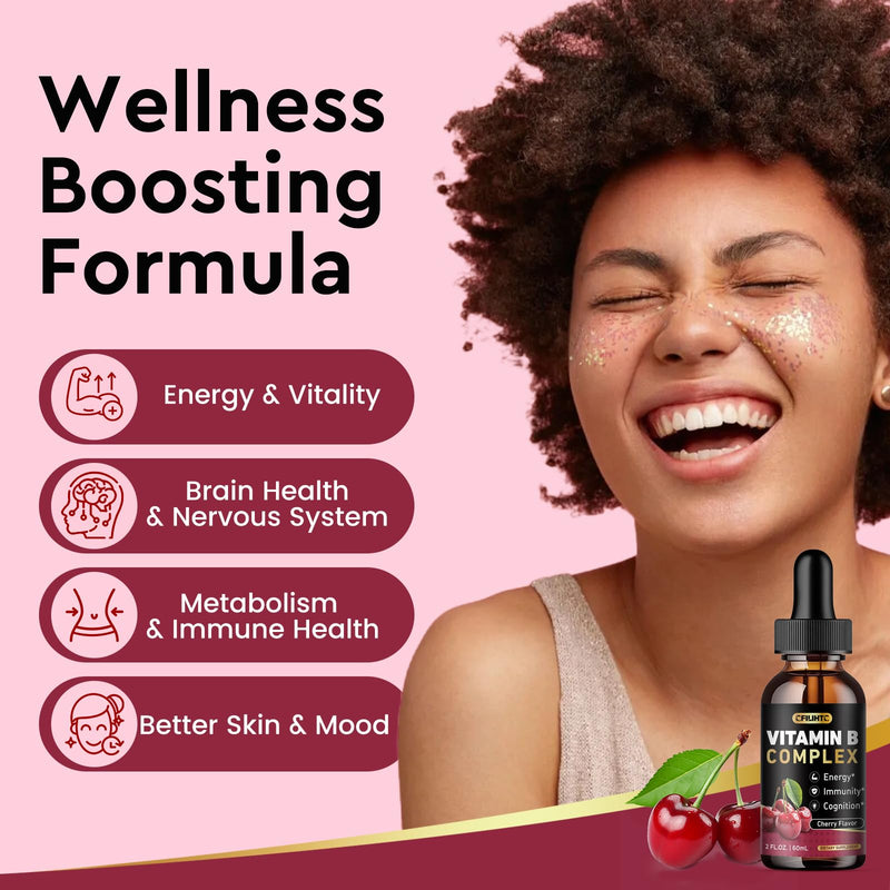 CFILIHTC Vitamin B Complex Liquid Drops, B Vitamins Complex Supplement with B1, B2, B3, B5 B6, B7, B9 & Methyl B12 Drops for Adults & Kids, Vegan, Cherry Flavor 2 Fl Oz (Pack of 1)