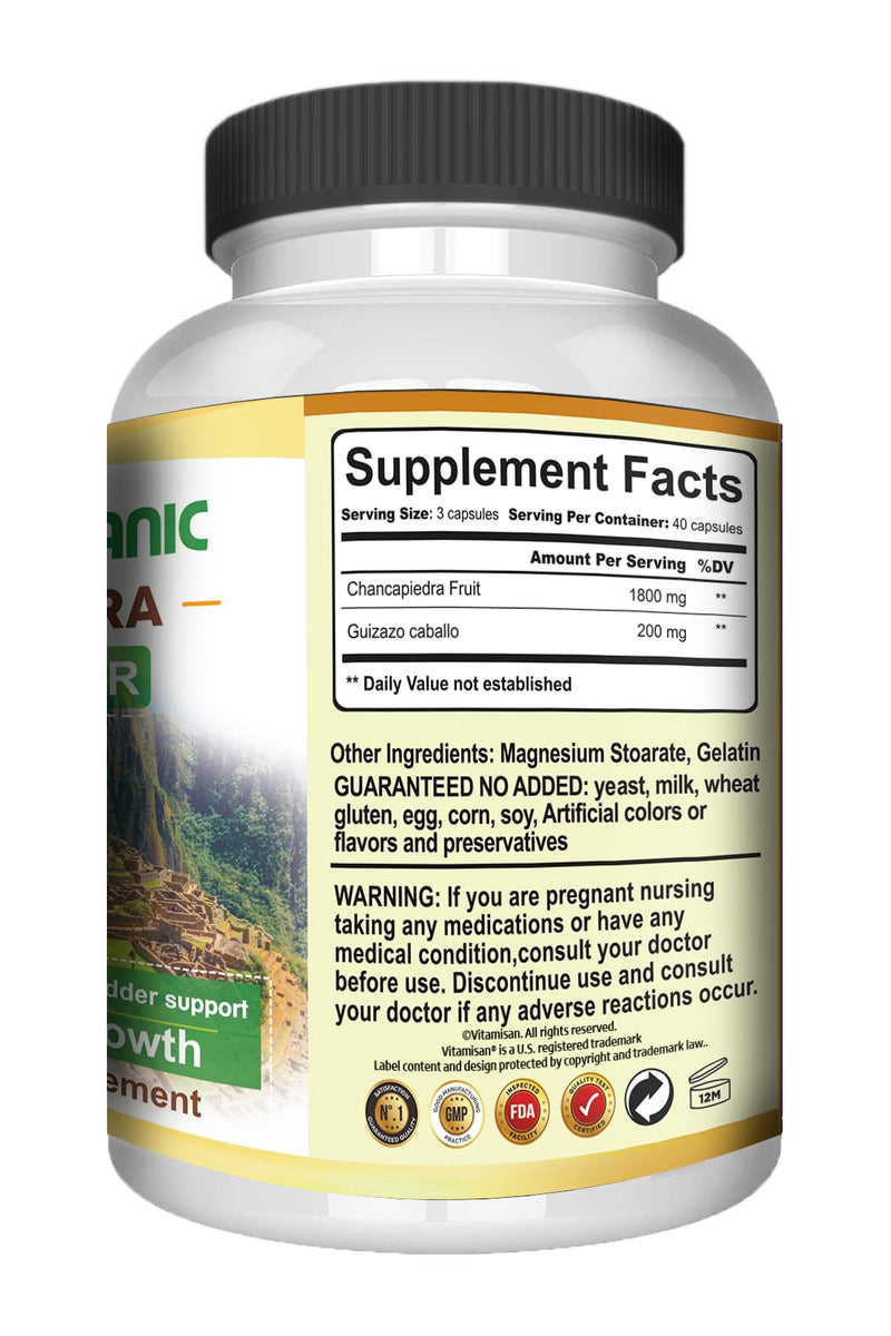 VITAMISAN Organic Vitamins Natural CHANCAPIEDRA 120 Capsules Stone Breaker CHANCA-Piedra Kidney Stone Support Supplement