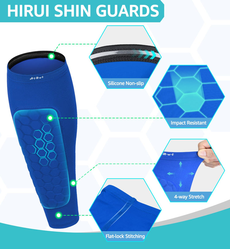 HiRui Soccer Shin Guards Shin Pads for Kids Youth Adult, Calf Compression Sleeve with Honeycomb Pads, Support for Shin Splint Baseball Boxing Kickboxing MTB, Lightweight(1PAIR) Blue Large - BeesActive Australia