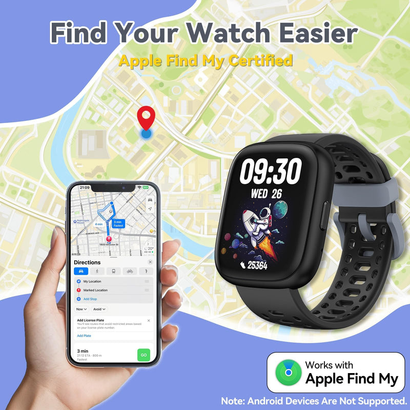 Fitness Tracker for Kids No APP No Phone Needed, Compatible with Apple Find My, 1.83" Smart Watch, Heart Rate, Sleep Monitor, IP68 Waterproof, Step Counter, Gifts for Girls Boys Teens 5-16 Black - BeesActive Australia