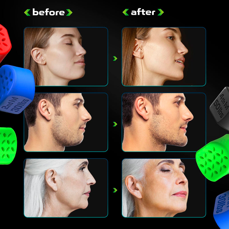 Jaw Exerciser 8 pcs for Men and Women - Jaw Trainer and Shaper with 4 Resistance Levels - Silicone Jaw Strengthener Tablets - Double Chin Reducer & Face Sculptor Green, red, blue, black - BeesActive Australia
