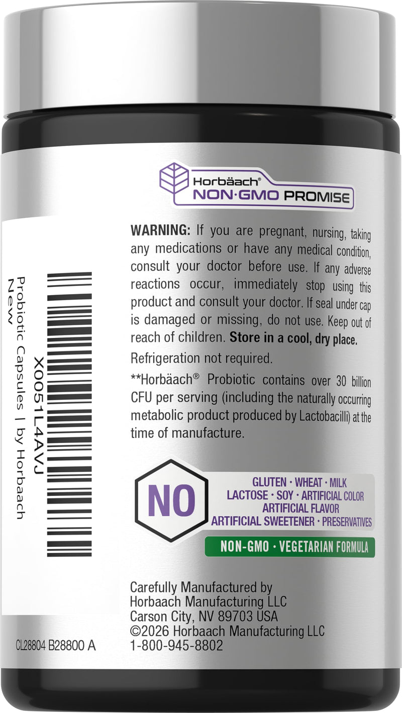 Horbäach Probiotic 30 Billion CFU | 31 Probiotic Strains | 110 Vegetarian Capsules | Supported by Organic Prebiotic Fiber | Non GMO, Gluten Free