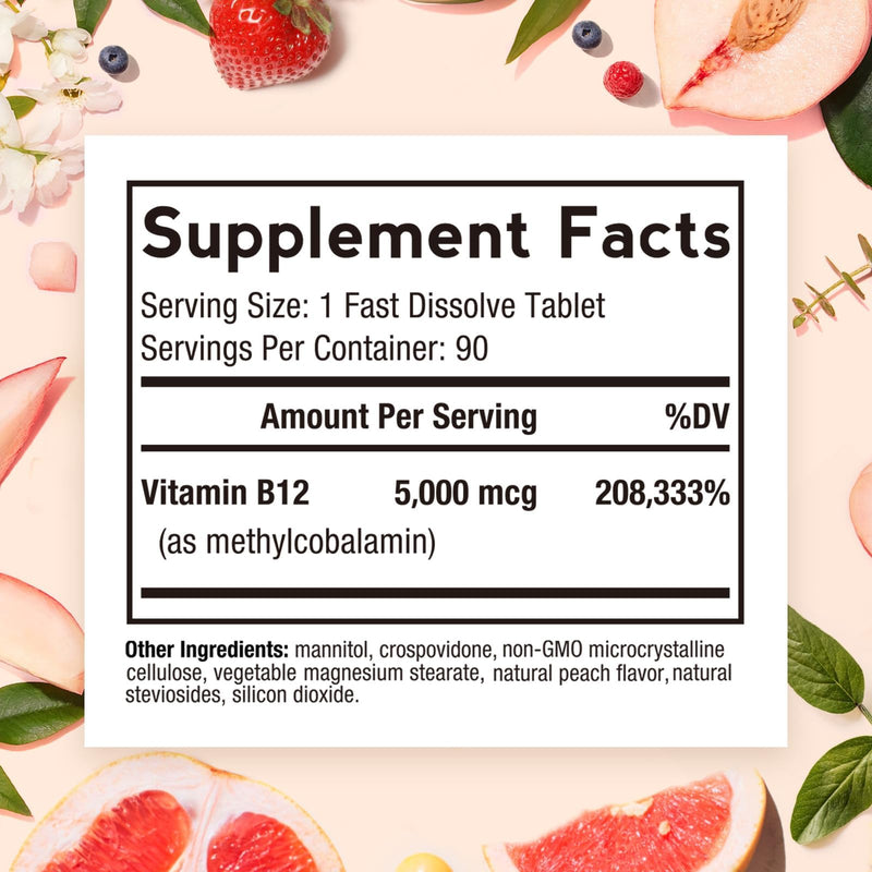 Doctor's Recipes Vitamin B12, Methylcobalamin 5000 mcg 90ct | Fast Dissolve Tablets, Vegan Methyl, Energy Metabolism & Nervous System, Natural Peach Flavor, 90 Count (Pack of 1)