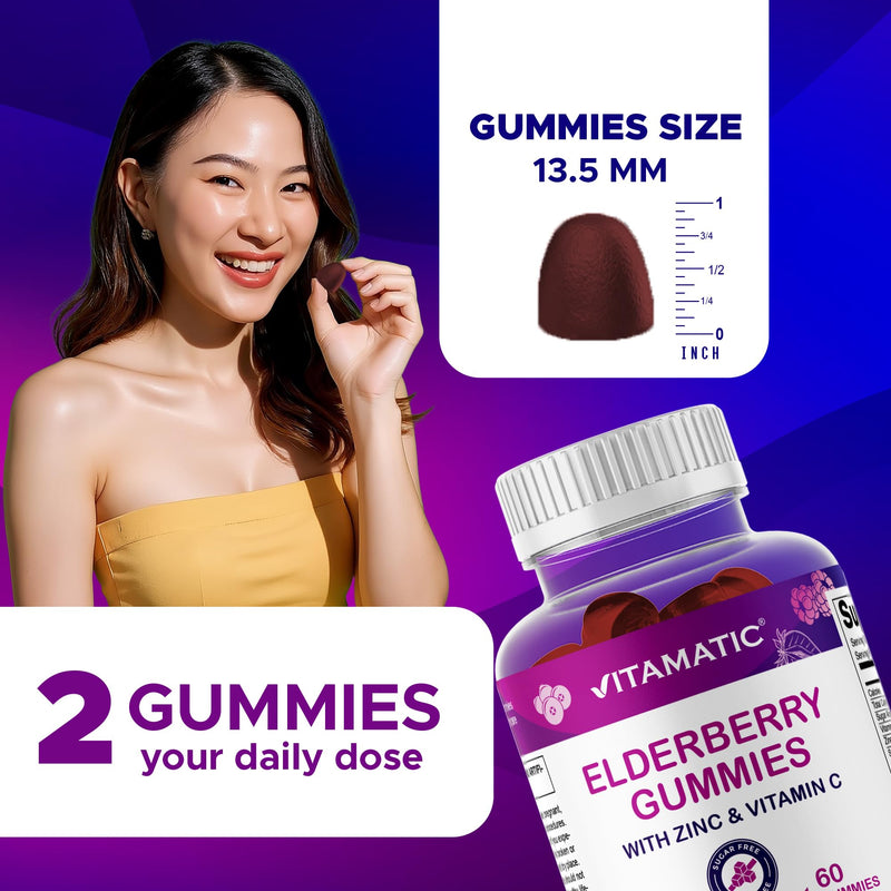 Vitamatic Elderberry Gummies with Vitamin C & Zinc – Immune Support Supplement – Mixed Berry Flavor– 60 Gummies – Made in The USA, Vegan, Non-GMO, Gluten-Free (Pack of 2) 60 Count (Pack of 2)