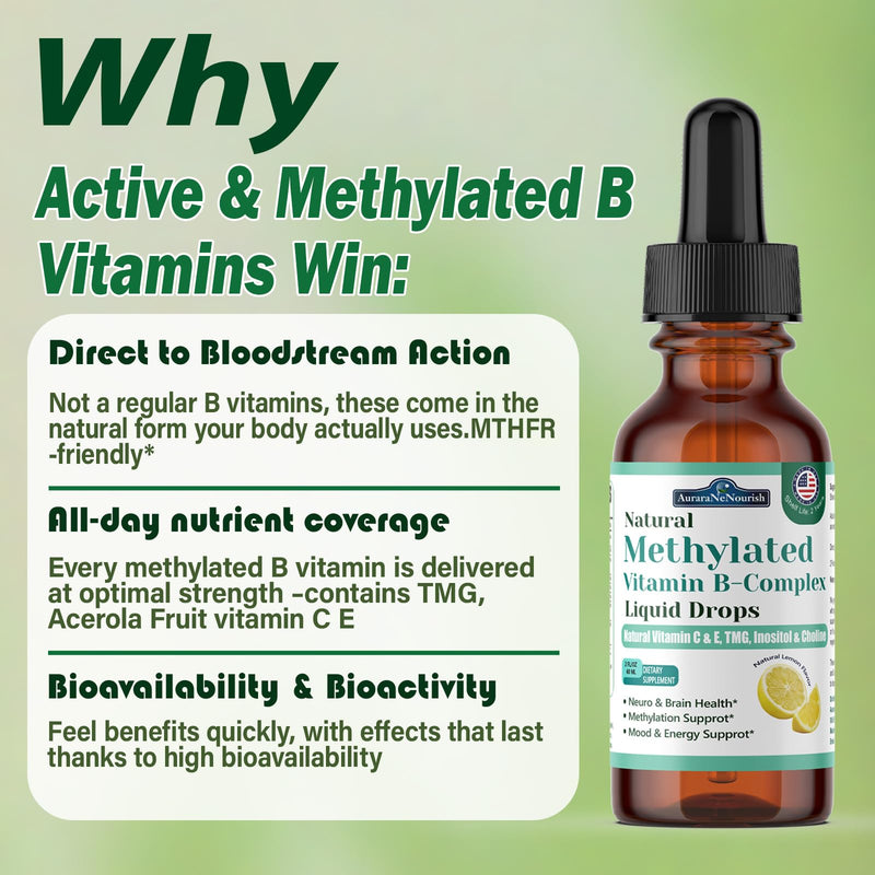 2 Pack Methylated B Complex Liquid, 9-in-1 Methyl B Vitamin w. Methylfolate 5-MTHF Inositol Choline Riboflavin TMG & Methyl B12 Vitamin C E, Super B Complex Multivitamin for Energy Mood & Brain Health Lemon 2 Fl Oz (Pack of 2)