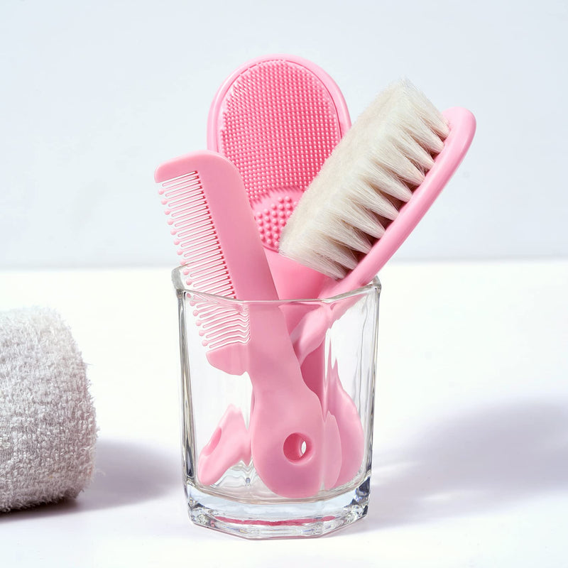 3 Piece Baby Hair Brush and Comb Set for Newborns and Toddlers (Pink)