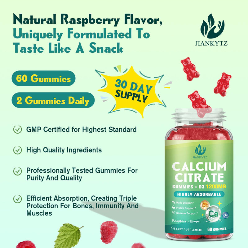 1200mg Calcium Citrate with Vitamin D3 Gummies for Bones, Muscles, Immune Support, Chewable Calcium Citrate with Vitamin D3 K2 C, Magnesium, Zinc, Raspberry