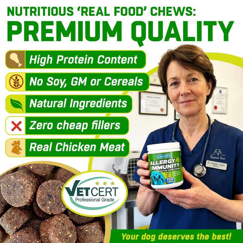 Anti Itch Chews for Dogs | Allergy Relief with Quercetin | 10-in-1 Probiotics, Omega 3, Colostrum & Astragalus | Real Meat Soft Chews, Grain Free | 150 Chews