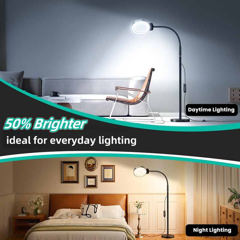 10X/30X Magnifying Glass with Light and Stand, 2-in-1 Magnifying Floor Lamp with 72 Adjustable Brightness LED Lamp Bulbs, Flexible Gooseneck Standing Magnifying Lamp for Close Work, Craft, Reading