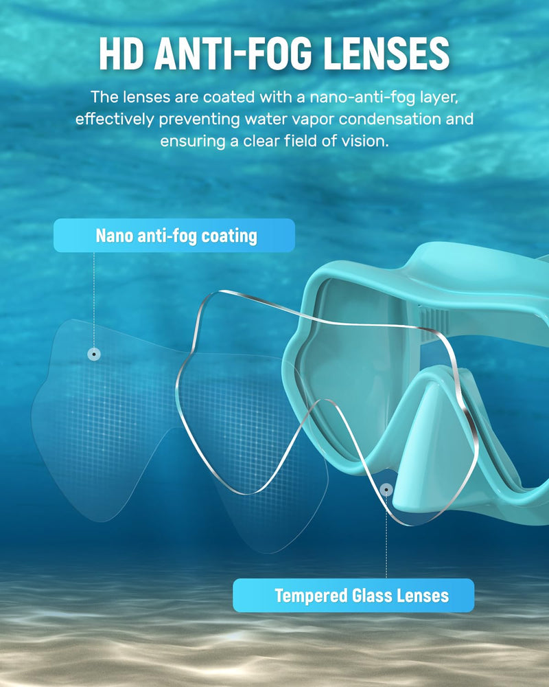 WSTOO Frameless Swim Goggles with Nose Cover for Adults, Panoramic Anti-Glare & Anti-Fog Tempered Glass Lenses, and Perfect Seal Food-Grade Silicone Skirt, Suitable for Snorkelling and Diving 1 Pack Lake Blue - BeesActive Australia