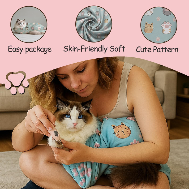 Puffluv Cat Wrap,Feline Nail Cutting Self-Adhesive Relief Blanket, Scratch&Escape-Proof,for Medication,Tooth Brushing,Claw Clipping,Ear Care with Lint Roller, 6-14 lbs - BeesActive Australia
