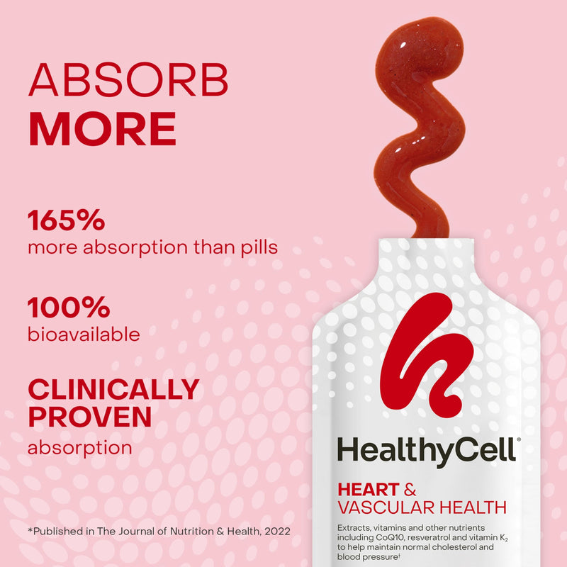 Healthycell Heart & Vascular Health Daily Liquid Supplement - Blood Pressure & Cholesterol Support with Beet Root Powder, Resveratrol, CoQ10, Omega-3 & Vitamin K - 30 Gel Packs 0.84 Fl Oz (Pack of 30)