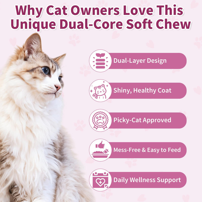 Omega 3 for Cats - 500 Skin & Coat Health Crunchy & Creamy Chews with Omega 3, Biotin & Vitamin E for Healthy Skin, Shiny Fur, Cat Supplements & Vitamins -Chicken Flavor