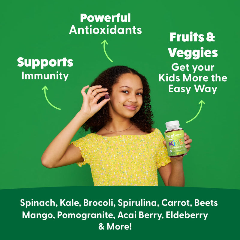 Feel Great Super Green Gummies for Kids | Fruit and Vegetable Gummies | Vegan Veggie Gummy Multivitamin for Kids | Veggie Fiber Supplement | 60 Count | Kale, Broccoli & Veggie Blend, Natural Fiber, Watermelon Flavor, Immune Support Gummy for Kids