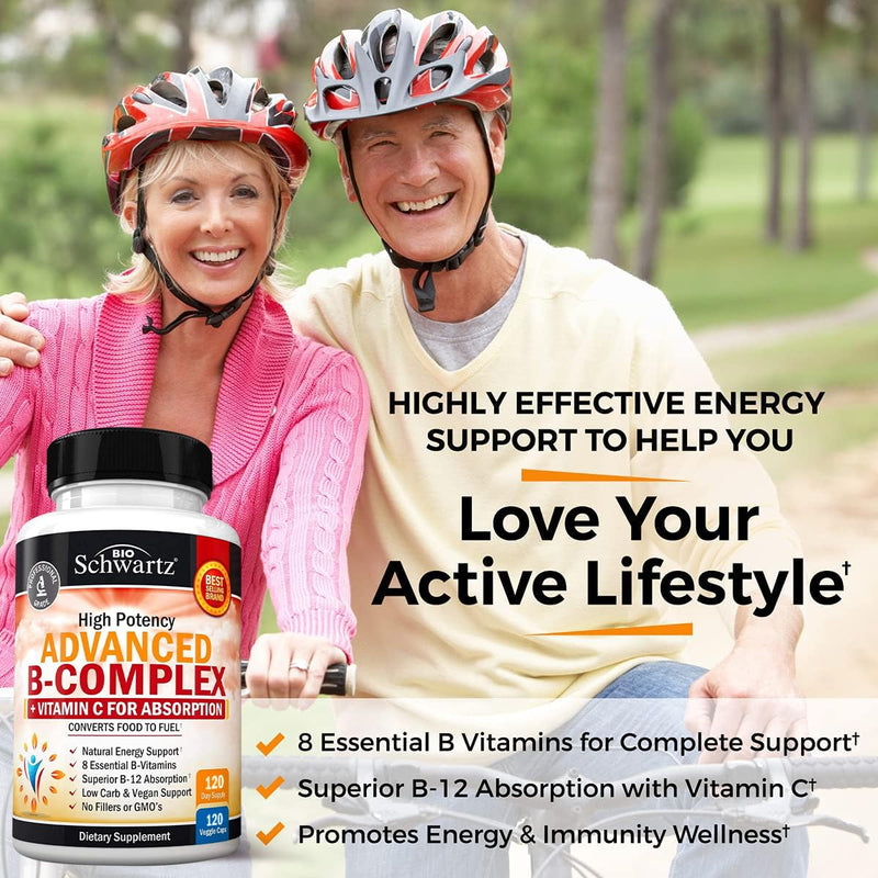 Vitamin B Complex with Vitamin C for Maximum Absorption, 120 Capsules | Methylcobalamin b12 & Folate Folic Acid Supplement - B1 B2 B3 B5 B6 B7 B9 for Energy, Immune & Nervous System Support 120 Count (Pack of 1)