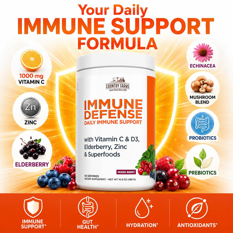 Country Farms Immune Defense Superfoods, Immune Support Supplement, Vitamin C with Black Elderberry, Echinacea, Turmeric, Supports Hydration, with Probiotics and Prebiotics, Berry Flavor, 60 Servings 1.06 Pound (Pack of 1)