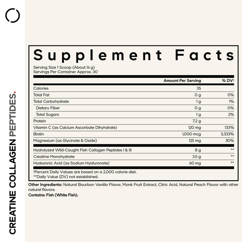 Codeage Creatine Collagen Powder, Marine Collagen, Magnesium, Vanilla, 15oz | Creatine monohydrate, wild-caught marine collagen, biotin, magnesium, vitamin C, hyaluronic acid. Vanilla flavor. Non-GMO.