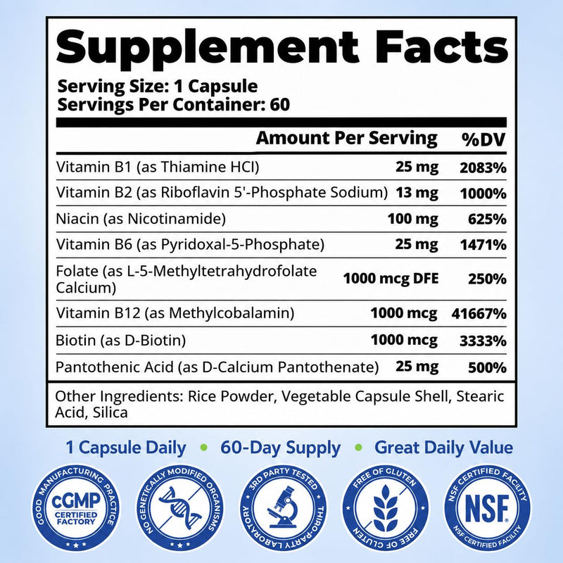 B Complex Vitamins for Women - Methylated Vitamin B Complex | B Complex with methyl B12, 5-MTHF & B6 - MTHFR-Friendly, 2X Absorption for Energy, Focus & PMS Mood, Vegan, 60-Day Supply