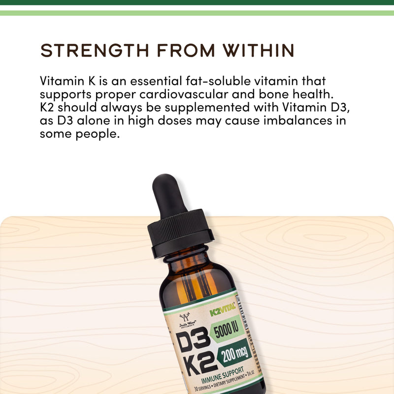Vitamin D3 + K2 Drops 5,000 IU + 200mcg K2, Bone + Immune, 30 Servings | Bone, Immune + Heart Supplement, Patented K2Vital (99.9% All-Trans MK-7), Calcium-Metabolism Support, Tasteless MCT Base 1 Fl Oz (Pack of 1)